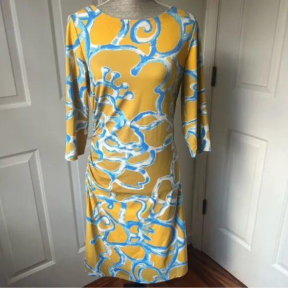 J McLaughlin Dress Small Multicolor 3/4 Sleeve Gold Yellow Blue Geometric Sz M - Picture 1 of 5